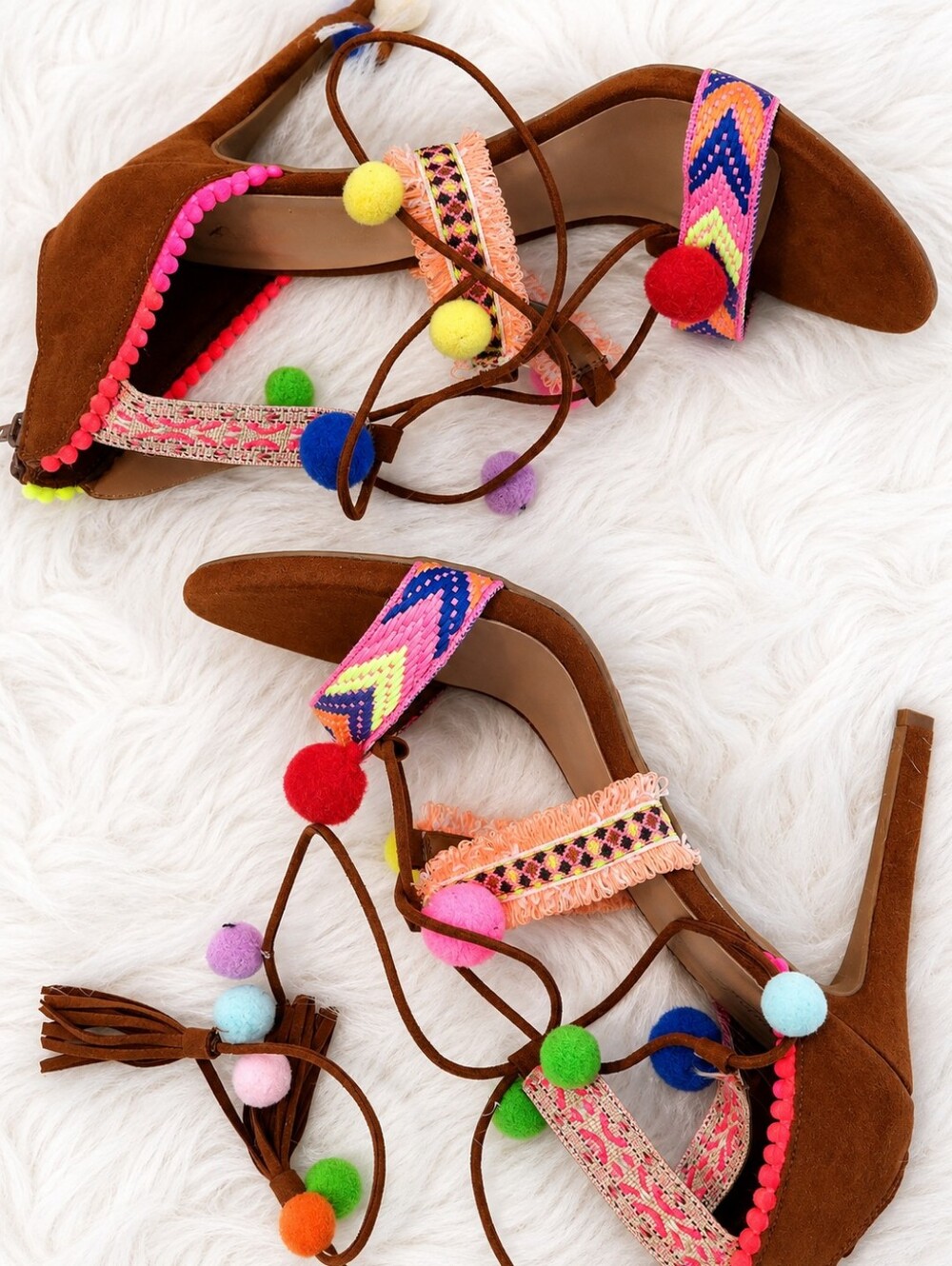 Anne Michele Boho Pom-Pom Lace-Up Sandals - Brown with Multicolor Accents SIZE 9